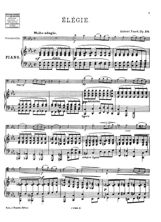 Gabriel Fauré Élégie Édition Originale pour Violon (ou Violoncelle) avec Accompagnement de Piano