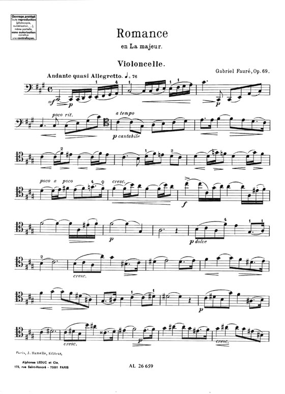 Gabriel Fauré Romance en LA majeur Op. 69 Pour Violoncelle et Piano