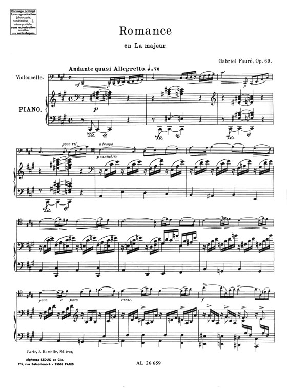 Gabriel Fauré Romance en LA majeur Op. 69 Pour Violoncelle et Piano