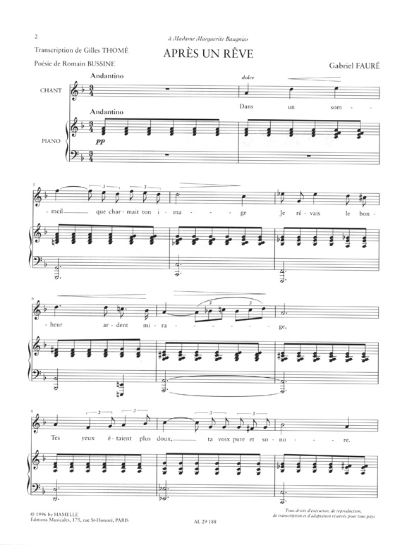 Faure: Après Un Reve Op. 7, No. 1 Transcription Pour Clarinette En Si Bémol Et Piano