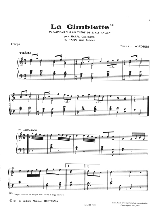 Bernard Andrès - La Gimblette pour harpe celtique (ou harpe sans pédale)