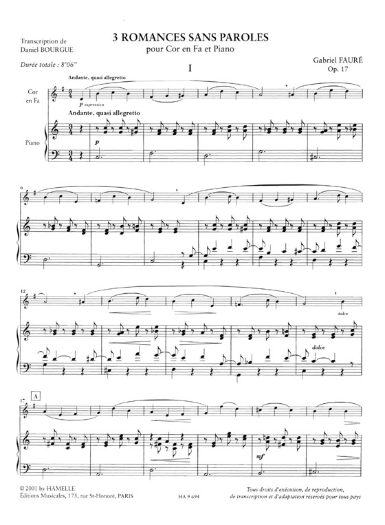 Fauré Trois Romances sans Paroles Op.17 Transcription pour Cor en Fa et Piano