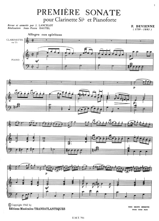 François Devienne Première Sonate pour Clarinette si b et Piano-forte