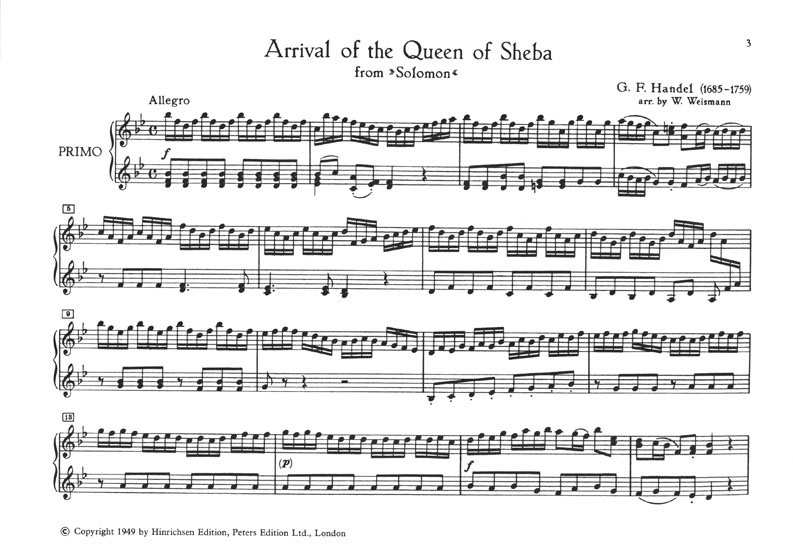 George F. Handel Arrival of the Queen of Sheba Sinfonia from 'Solomon' Arranged for Piano Duet