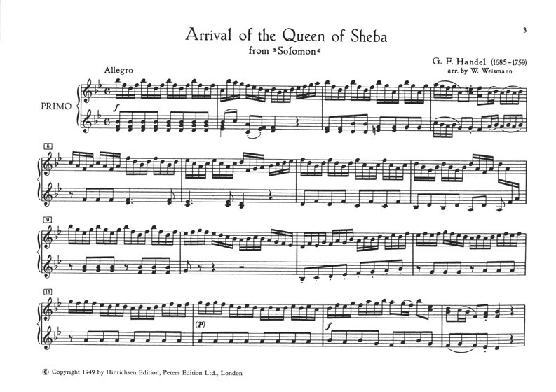 George F. Handel Arrival of the Queen of Sheba Sinfonia from 'Solomon' Arranged for Piano Duet George F. Handel Arrival of the Queen of Sheba Sinfonia from 'Solomon' Arranged for Piano Duet