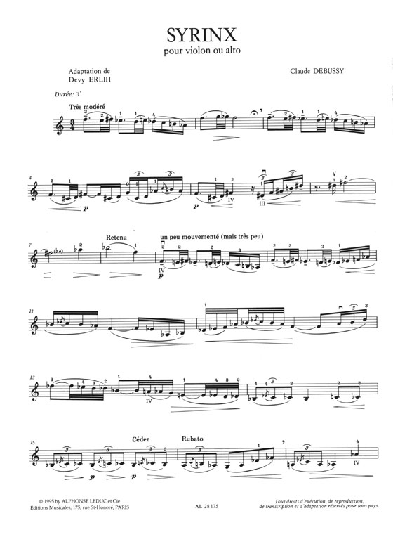 Claude Debussy Syrinx pour Violon ou alto Adaptation de Devy ERLIH