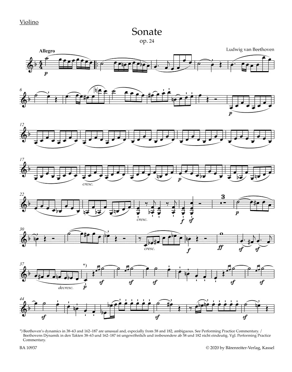 Beethoven Sonata in F Major Op. 24 "Spring Sonata" for Pianoforte and Violin