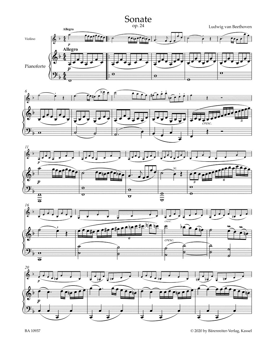 Beethoven Sonata in F Major Op. 24 "Spring Sonata" for Pianoforte and Violin