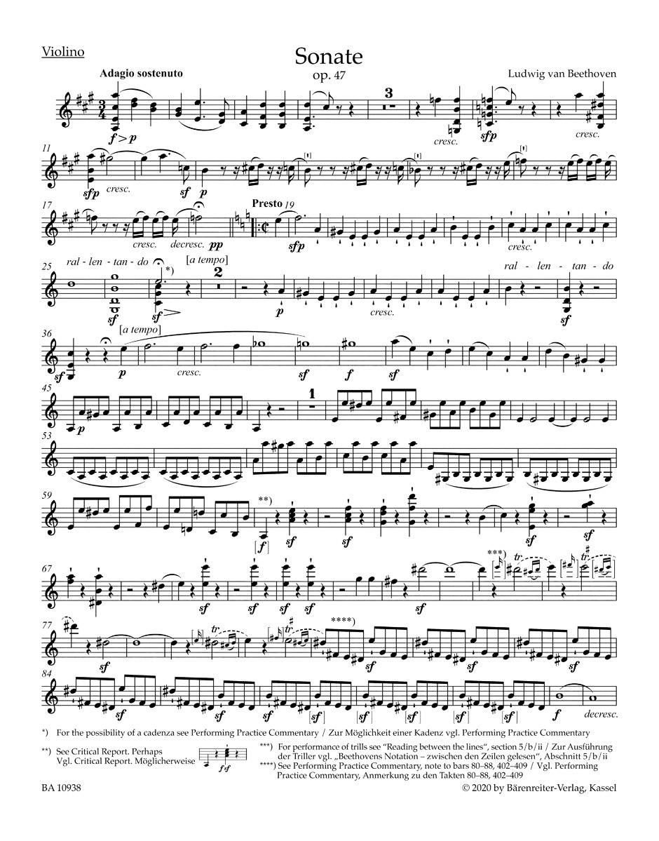 Beethoven Sonata in A Major Op. 47  "Kreutzer Sonata" for Pianoforte and Violin