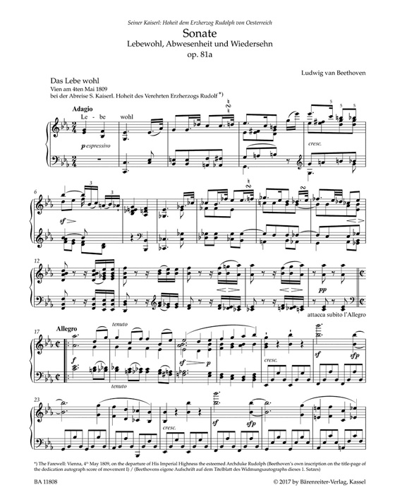 Beethoven Lebewohl, Abwesenheit und Wiedersehn Sonata in E-flat Major for Pianoforte Op. 81a "Les Adieux"