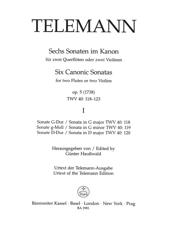 Telemann Six Canonic Sonatas for Two Flutes or Two Violins Op. 5 (1738) TWV 40: 118-123 Volume Ⅰ