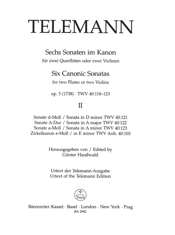 Telemann Six Canonic Sonatas for Two Flutes or Two Violins Op. 5 (1738) TWV 40: 118-123 Volume Ⅱ