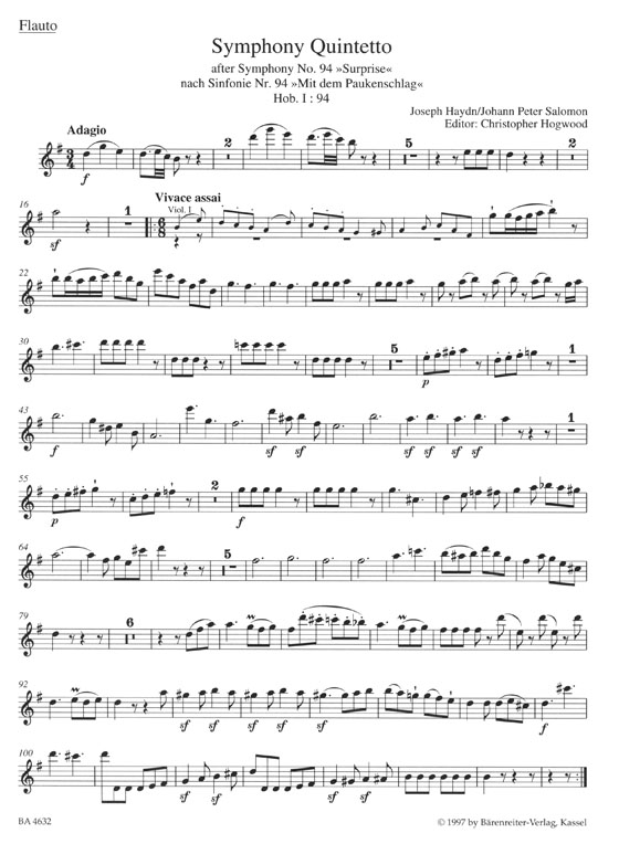 Haydn／Salomon Symphony Quintetto "Surprise" Hob. Ⅰ:94－G-dur／G major for Flute String Quartet Piano ad libitum
