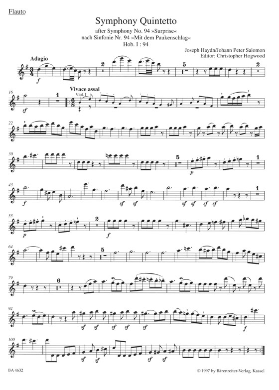 Haydn/Salomon Symphony Quintetto "Surprise" Hob. Ⅰ:94-G-dur/G major for Flute String Quartet Piano ad libitum Haydn/Salomon Symphony Quintetto "Surprise" Hob. Ⅰ:94-G-dur/G major for Flute String Quartet Piano ad libitum