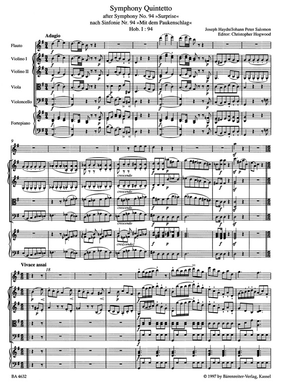 Haydn/Salomon Symphony Quintetto "Surprise" Hob. Ⅰ:94-G-dur/G major for Flute String Quartet Piano ad libitum Haydn/Salomon Symphony Quintetto "Surprise" Hob. Ⅰ:94-G-dur/G major for Flute String Quartet Piano ad libitum