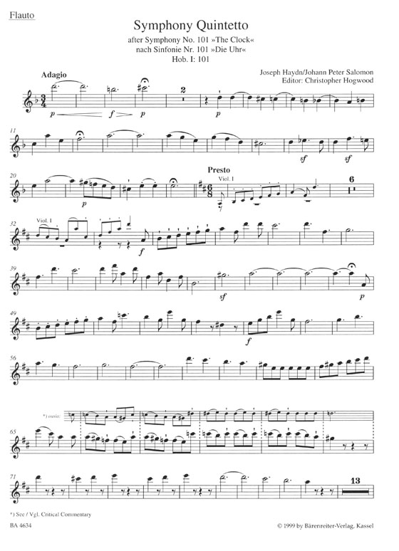 Haydn/Salomon Symphony Quintetto "The Clock" Hob. Ⅰ:101-D-dur/D major for Flute String Quartet Piano ad libitum Haydn/Salomon Symphony Quintetto "The Clock" Hob. Ⅰ:101-D-dur/D major for Flute String Quartet Piano ad libitum