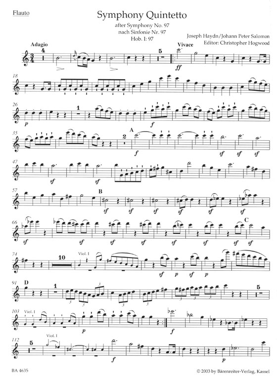 Haydn／Salomon Symphony Quintetto Hob. Ⅰ:97－C-dur／C major for Flute String Quartet Piano ad libitum