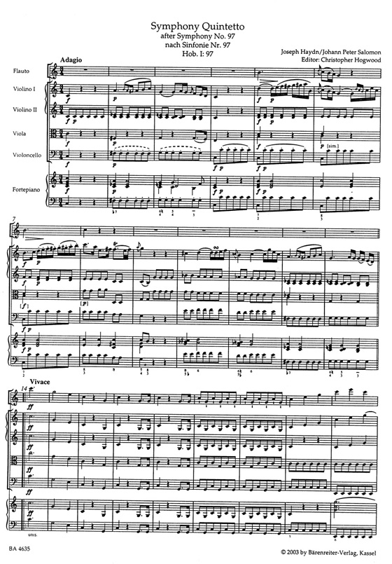 Haydn／Salomon Symphony Quintetto Hob. Ⅰ:97－C-dur／C major for Flute String Quartet Piano ad libitum
