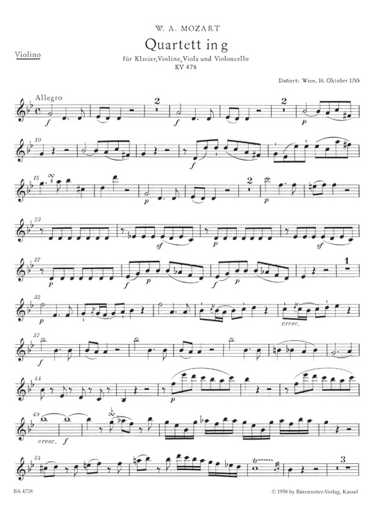 Mozart Quartet in G minor for Piano, Violin, Viola and Violoncello KV 478