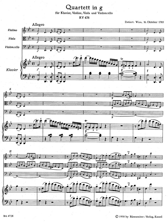 Mozart Quartet in G minor for Piano, Violin, Viola and Violoncello KV 478