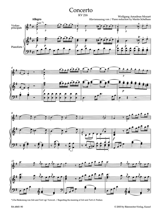 Mozart Concerto in G major for Violin and Orchestra No. 3, KV 216 Piano Reduction