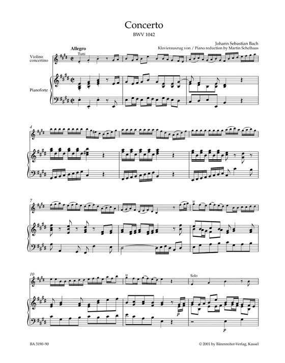 Bach Concerto in E major for Violin, Strings and Basso Continuo BWV 1042 Piano Reduction