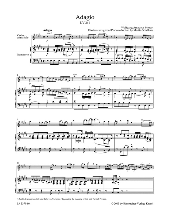 Mozart Single Movements for Violin and Orchestra KV 261, 269 (261a), 373 Piano Reduction