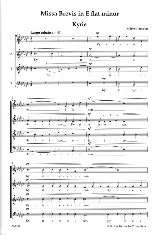Marten Jansson【Missa Brevis In E-Flat minor／es-Moll】SATB