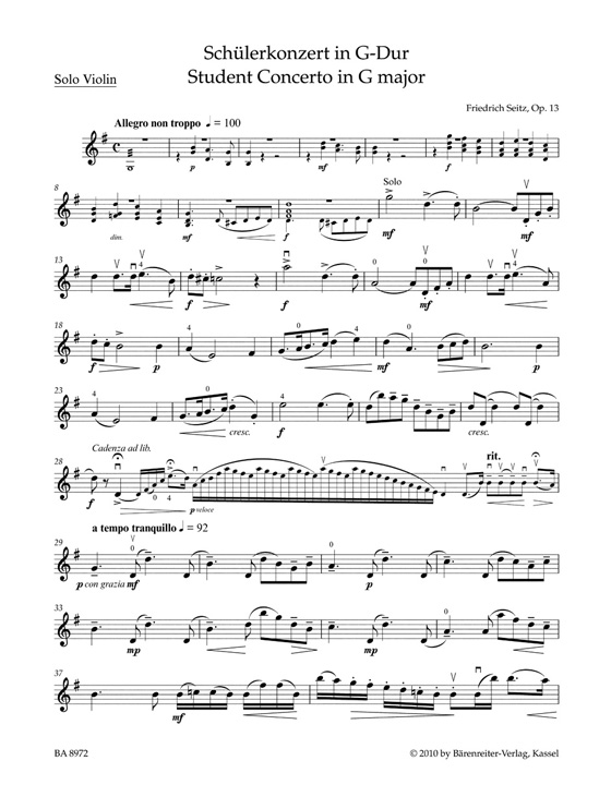 Friedrich Seitz Student Concerto No. 2 in G Major for Violin