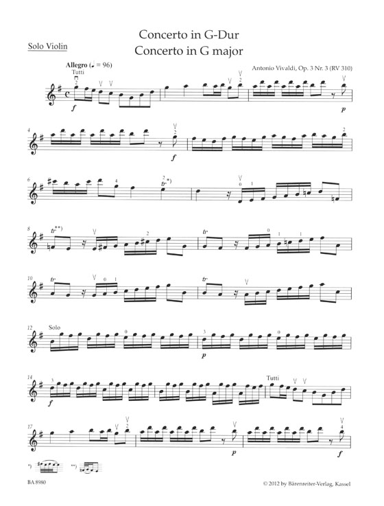Antonio Vivaldi Concerto in G Major Op.3／3 for Violin