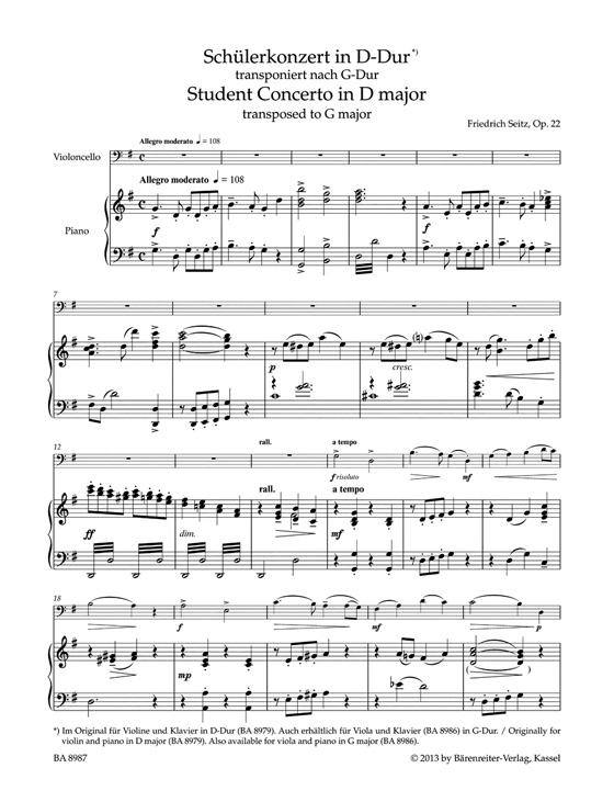 Friedrich Seitz Student Concerto in D Major Op. 22 Arranged for Cello