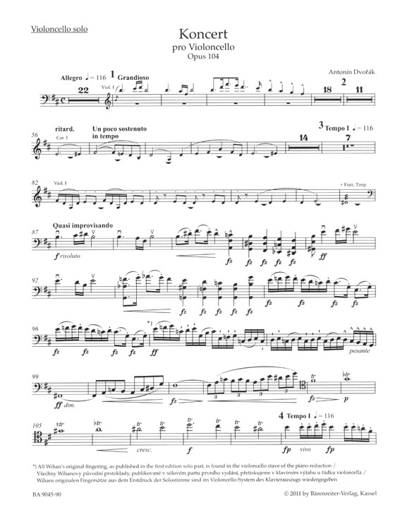 Dvorák Koncert pro Violoncello B Minor Opus 104 Arrangement for Violoncello and Piano by the Composer