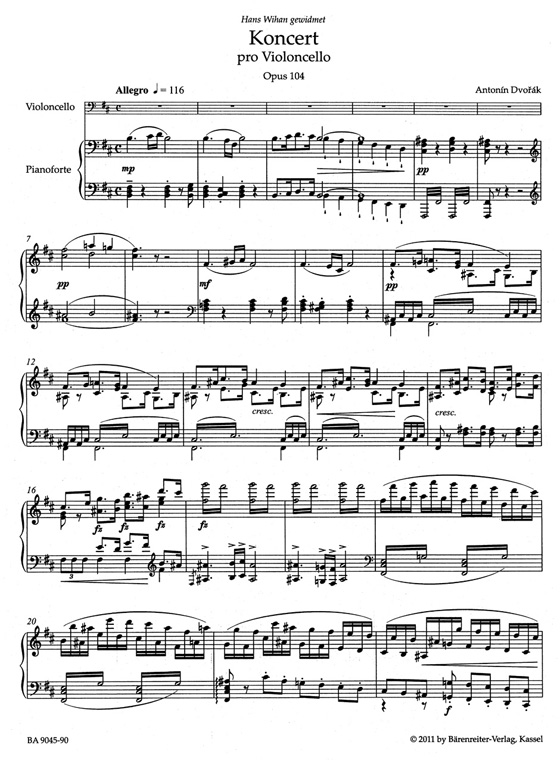 Dvorák Koncert pro Violoncello B Minor Opus 104 Arrangement for Violoncello and Piano by the Composer