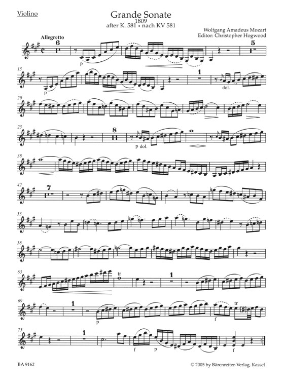 Mozart Grande Sonate for Clarinet (or Violin) and Piano (1809) after the Clarinet Quintet K. 581