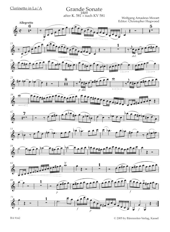 Mozart Grande Sonate for Clarinet (or Violin) and Piano (1809) after the Clarinet Quintet K. 581