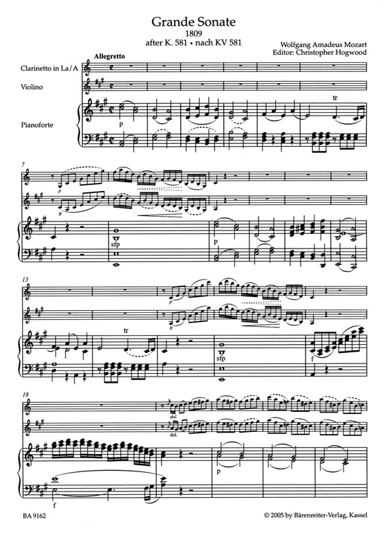 Mozart Grande Sonate for Clarinet (or Violin) and Piano (1809) after the Clarinet Quintet K. 581