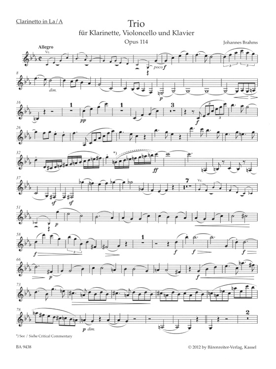 Johannes Brahms Trio for Clarinet (Viola), Violoncello and Piano Opus 114