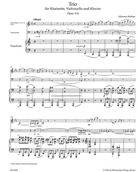 Johannes Brahms Trio for Clarinet (Viola), Violoncello and Piano Opus 114