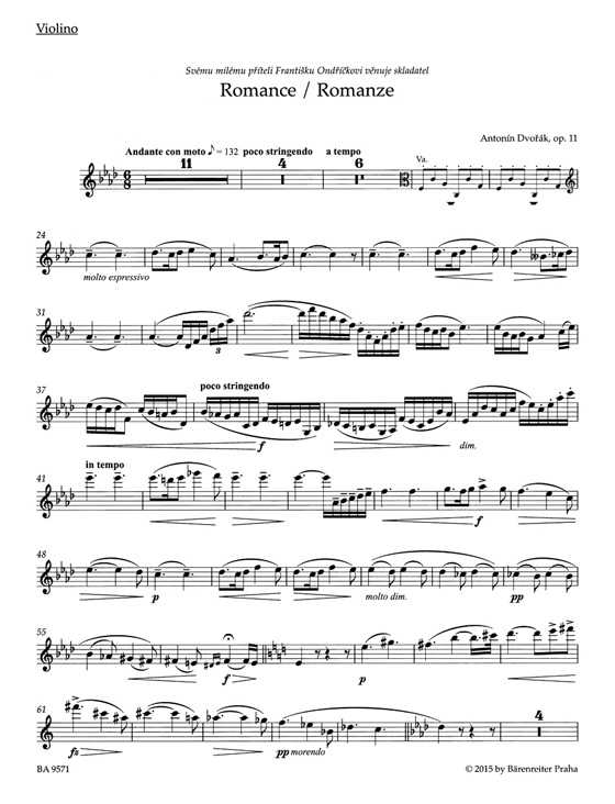 Dvorák Romance Op. 11 Arrangement for Violin and Piano by the Composer