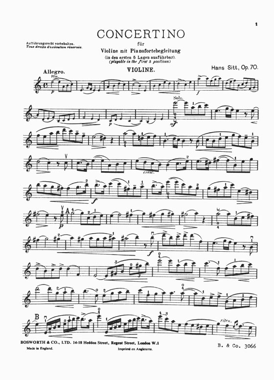 H. Sitt Concertino in A minor Op.70 (1st to 5th Position) for Violin and Piano