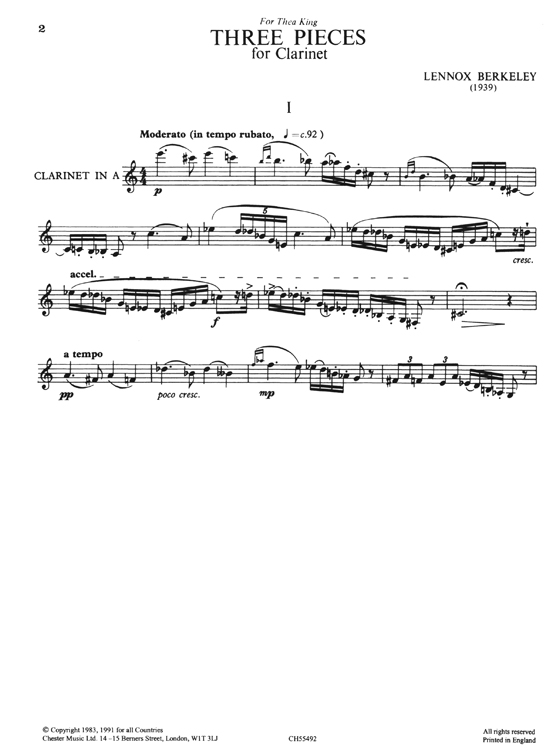 Lennox Berkeley: Three Pieces For Clarinet Solo