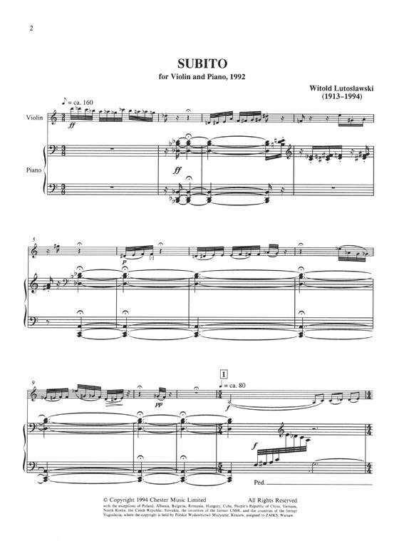 Witold Lutoslawski: Subito For Violin And Piano