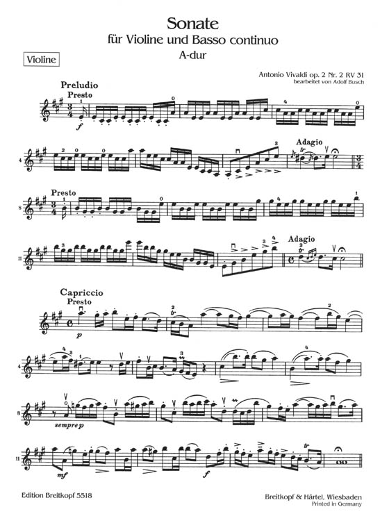 Antonio Vivaldi Sonate für Violine und Basso Continuo A-dur Op.2, Nr.2, RV31