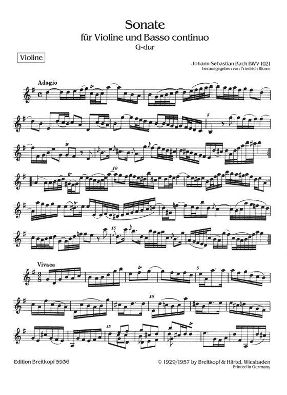 J. S. Bach【Sonate】für Violine und Basso continuo , G-dur BWV 1021