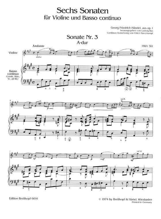 Georg Friedrich Händel Sechs Sonaten für Violine und Basso Continuo aus Op. 1 Band Ⅰ