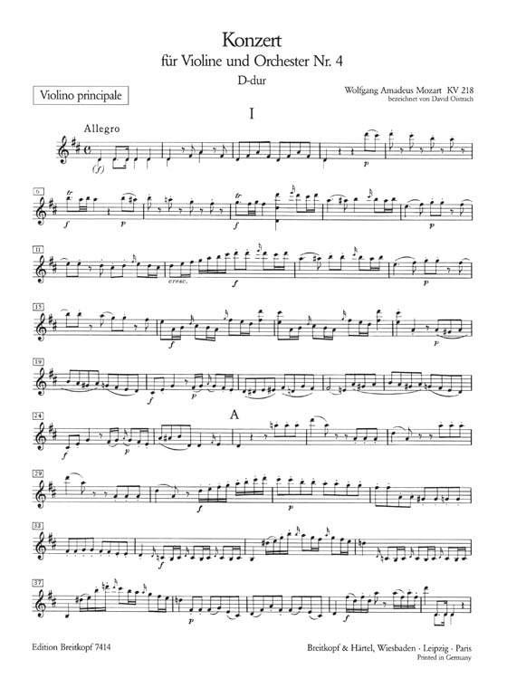 Mozart 【Konzert für Violine und Orchester Nr. 4 in D-dur, KV 218】 Ausgabe für Violine und Klavier