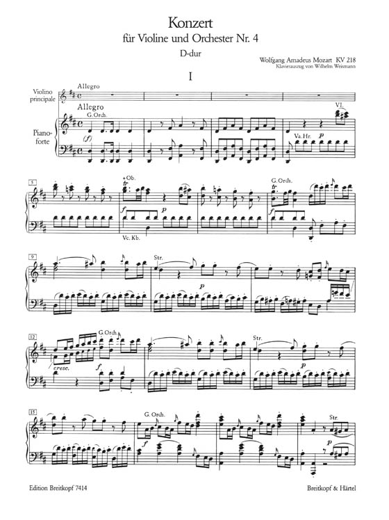 Mozart 【Konzert für Violine und Orchester Nr. 4 in D-dur, KV 218】 Ausgabe für Violine und Klavier