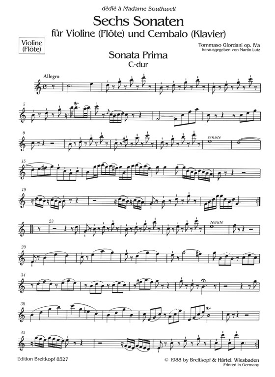Tommaso Giordani Sechs Sonaten für Violine (Flöte) und Cembalo (Klavier) Op. Ⅳa Heft Ⅰ