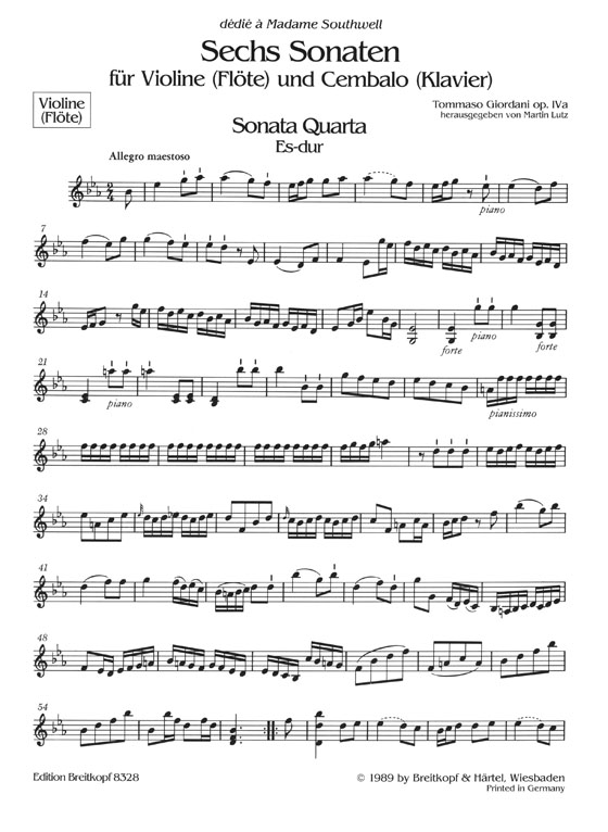 Tommaso Giordani Sechs Sonaten für Violine (Flöte) und Cembalo (Klavier) Op. Ⅳa Heft Ⅱ
