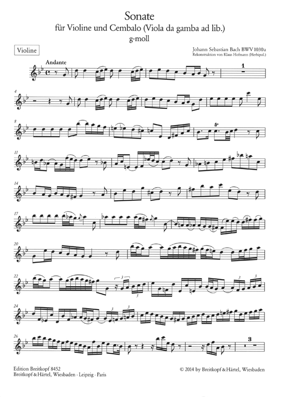 J. S. Bach【Sonate】für Violine und Cembalo (Viola da gamba ad lib.) g-moll BWV 1030a